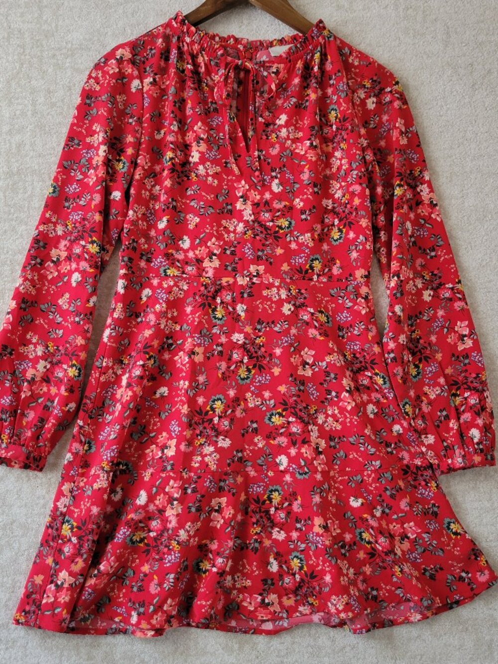 LOFT Petites Ditsy Floral Primrose Tie Neck Mini Dress 00P Red